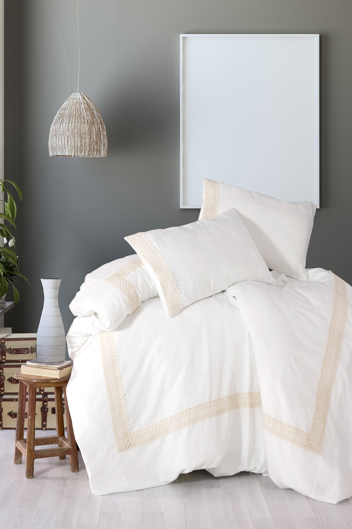 White Lace 100% Cotton Duvet Cover Pillow Set